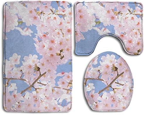 Bath Mat,3 Piece Bathroom Rug Set,Cherry Blossoms Flannel Non Slip Toilet Seat Cover Set,Large Contour Mat,Lid Cover For Men/Women
