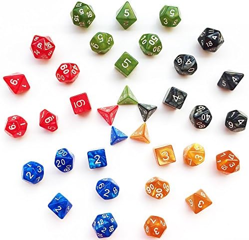 7 Dice x 5 Colors (35 Pieces) Polyhedral Translucent Dice in 5 Complete Sets with 5 Pack Black Pouches for Dungeons and Dragons