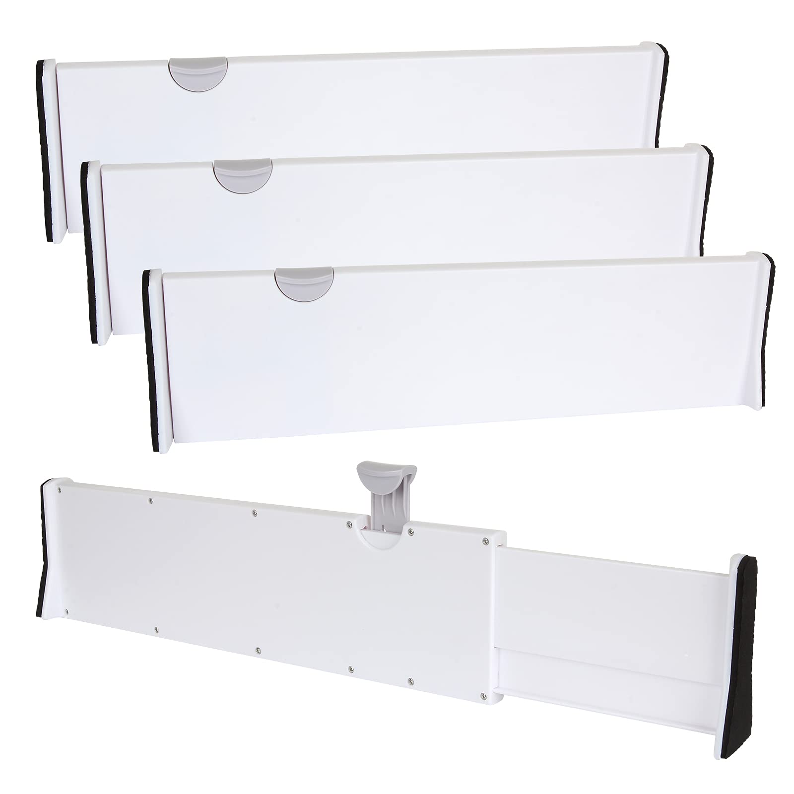 SENENQU 4 Pack Adjustable Drawer Dividers 4" High, 15"-21" Expandable Drawer Organizer, Extendable Drawer Separators with Foam Edges for Kitchen Bedroom Drawer Storage