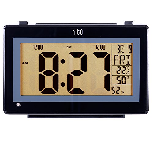 hito 6.3" Atomic Auto time set Digital Desk Wall Clock w/Stand, Dual Alarms, 6 Timezones, Auto Night Light, Brightness Dimmable- Battery Operated (6.3" Black)