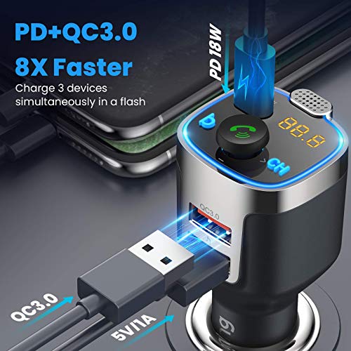 VicTsing BH-477 V5.0 FM Transmitter for Car, QC3.0+PD18W Wireless Char-ger Audio Adapter, Bass Sound Music Player, Hands-Free Calling Radio Receiver with 3 USB Ports