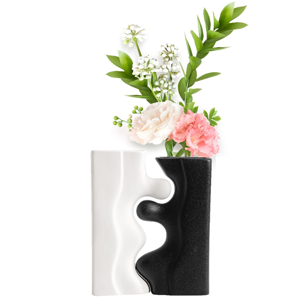 Ceramic Vase Matt, Set of 2 Ceramic Vases for Pampas Grass, Modern Home Decor, Craft Vases Made of Ceramic for Storing Dry and Fresh Flowers, Living Room, Office & Decorative Ornament (Black + White)