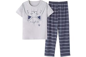 CYCHELRY Big Girls Cute Pajama Set Cartoon Print Short Sleeve and Long Pants Pink Jammies Set for Size 6-16