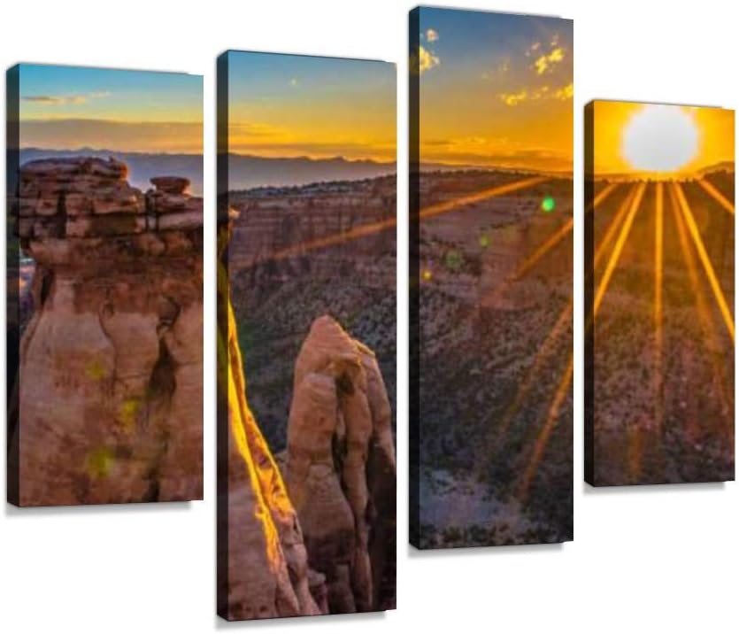 Paintings - HIPOLOTUS 4 Panel Canvas Pictures Beautiful Sunrise in Colorado National Monument in Grand Junction Wall Art Prints Paintings Stretched & Framed Poster Home Living Room Decoration Ready to Hang