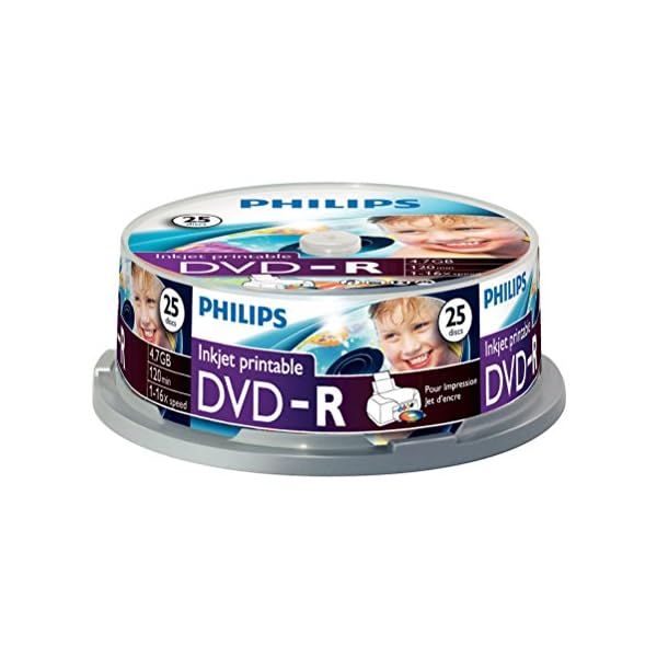 Philips DVD-R Rohlinge bedruckbar High-Speed (4.7 GB /120 Minuten Video, 1-16x Speed, 25er Spindel, White injet Printable)