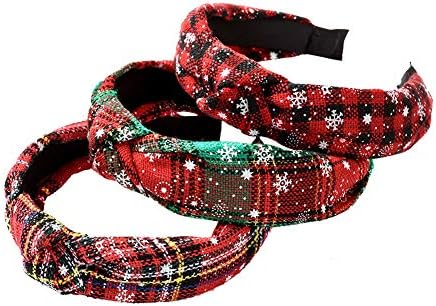 3 Pack Christmas Headband with Cross Knot for Adult Design Red Lattice Headband with Snow Print Girl’s Hair Hoop Santa Elastic Hard Hair Band for Women Party Hair Decoration Trendy Hair Accessories