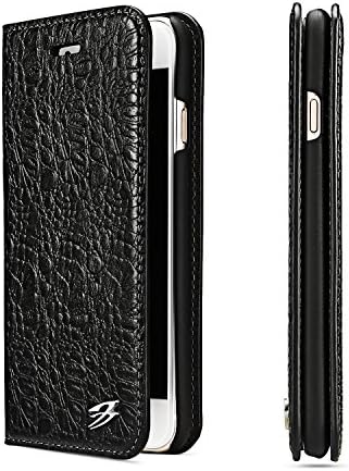 Fierre Shann iPhone8 plus iPhone7 plus Genuine Leather Wallet Phone Case , Luxury Genuine Flip Case with Card Slot for iPhone8/7 plus, Crocodile pattern,Gift Box. (iPhone8/7 Plus-Black)