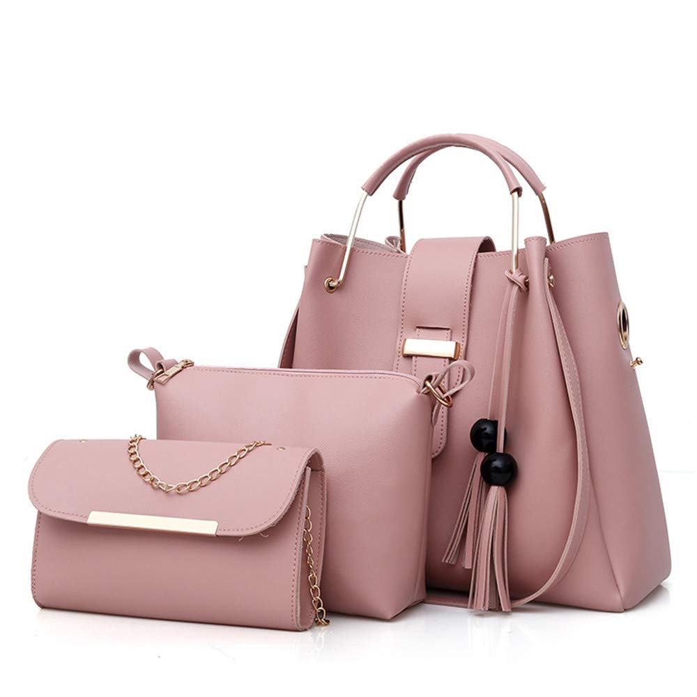 AlwaySky Women Soft PU Leather Handbag 3Pcs Set Tote Shoulder Bag Clutch Purses Set (Pink)