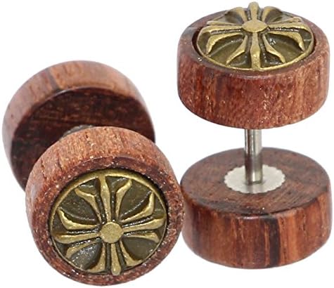 Brass Canterbury Cross Wood Post Earring Screw Back Ear Stud Stainless Steel Illusion Plug for Men Women