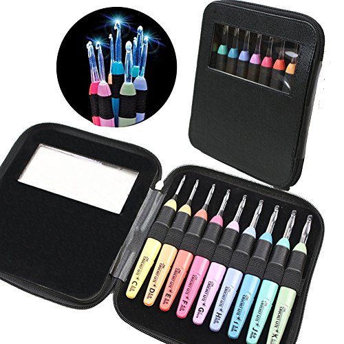 Lighted Crochet Hooks Set With Case Light Up Knitting Needles - Ergonomic Needles for Arthritic Hands - Set of 9 Pcs (Black)