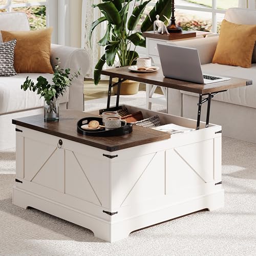 ChooChoo Farmhouse Coffee Table with Hidden Storage, Large Square Center Coffee Table with Lifting Top and Flip Drawer, Wood Rustic Cocktail Coffee Table for Living Room, Soft White