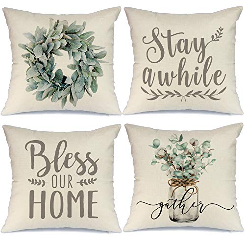 Photo 1 of GEEORY Farmhouse Decor Pillow Covers 18x18 Inch Set of 4 Eucalyptus Wreath Bless Our Home Decorative Throw Pillow Covers Stay a While Cushion Case Pillow Case for Couch Sofa