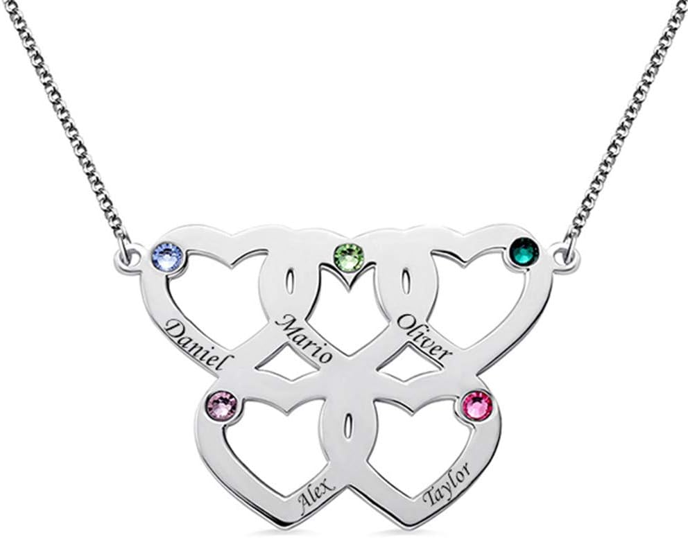 Bokning Family Necklace Personalised Heart Necklace with Birthstones Personalized Engraved 5 Names for Mother