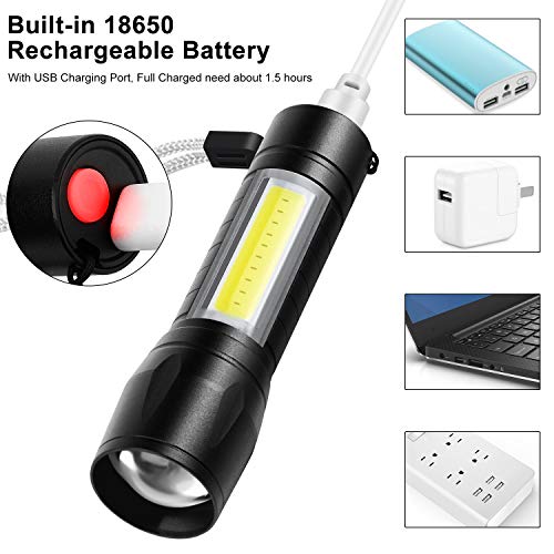 LED Flashlight USB Rechargeable (18650 Battery Built-in), CoaTaco Super Bright Mini Torch Compact Size Small Travel Camping Emergency Light with Cob Sidelight,3 Modes Zoomable Water-Resistant (2 Pack)