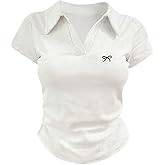 Verdusa Women's Bowknot Collared V Neck Fitted T Shirts Short Sleeve Ruched Y2k Going Out Tops