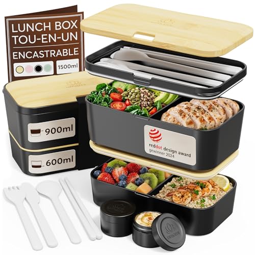 Umami Bento Lunch Box, Cutlery & 2 Sauce Pots Included, Built-in Lunch Box, Microwavable Lunchbox Adult Lunch Box, Bento Box Black Onyx & Beige, 1500 ml