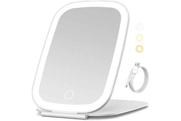 NEZZOE Travel Mirror with LED Light, Rechargeable Portable Lighted Makeup Mirror, 3 Lighting Modes Dimmable Touch Control, Fo