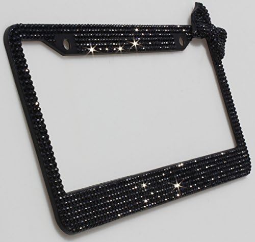OTOSTAR 7 Row Pure Handmade Waterproof Bling Bling Rhinestones Stainless Steel Metal License Plate Frame with 2 Holes with Matching Screws Caps (Black/Black Bowknot)