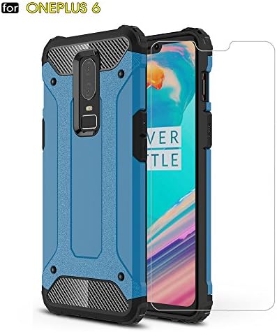 Oneplus 6 Case, ZHFLY [Full body] [Heavy Duty] Shockproof Bumper Tough Rugged Dual-Layer Protective Case Cover &amp; 2.5D Tempered Glass Screen Protector for One plus 6, Blue