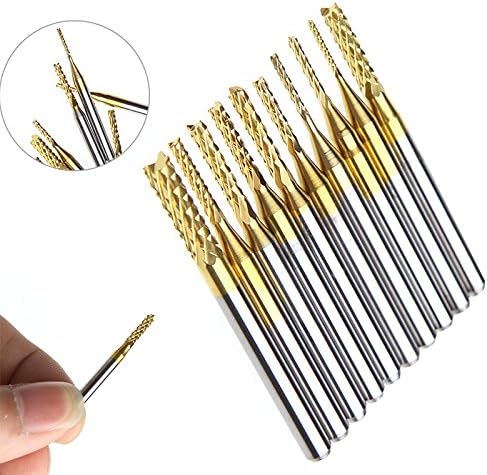 10pcs Titanium Coated Carbide End Mill Engraving Bits Set - CNC Rotary Burrs Set - Square Nose - PCB Mould Plastic Fiber Carbon Fiber Hardwood – Shank:1/8” - Diameter 0.8mm - 3.175mm