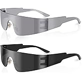 milramtob Futuristic Wrap Around Fashion Sunglasses Y2K Silver Trendy Rimless Glasses Cyberpunk Eyewear Women Men Rave Party