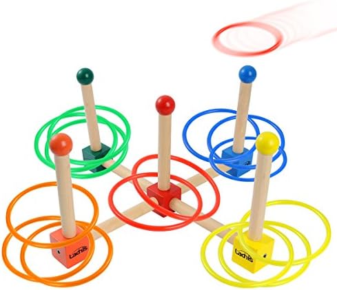 Ladnis Toys Ring Toss Game Set For Kids Children Adults,Wooden Toys 15 Quoits Plastic Rings with Carrying Bag