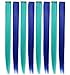 Blue Teal Hair Extensions Colored Party Highlights Straight Hair Extension Clip In/On For Amercian girls and Dolls Kids Costume Wig Pieces 6 PCSthumb 1