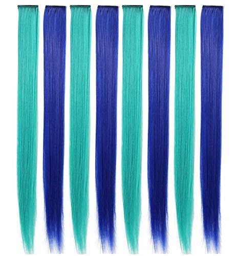 Blue Teal Hair Extensions Colored Party Highlights Straight Hair Extension Clip In/On For Amercian girls and Dolls Kids Costume Wig Pieces 6 PCS