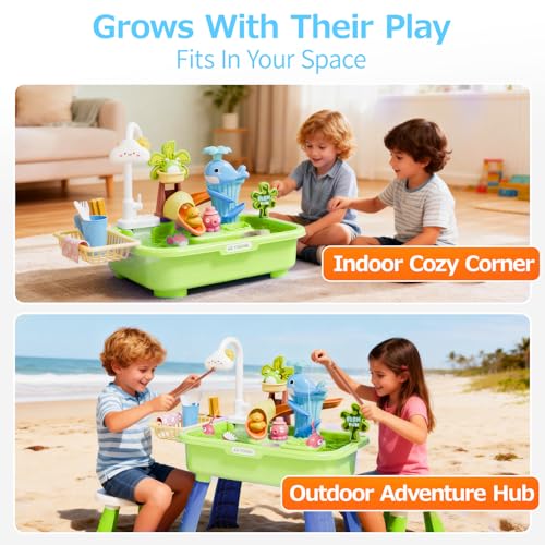 Sand and Water Table for Toddlers 1-3 - 22 Pcs Outdoor Water Play with Automatic Pump, Fishing & Kitchen Sink, 4L Large Capacity Sensory Bin, Summer Outdoor Toys for Kids Ages 1-3, Spring Green