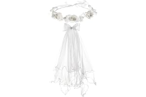 Merroyal Girls Communion Bow and Dangle Cross Charm with 24 Inch Veil on Hair Comb,with White Floral Crown