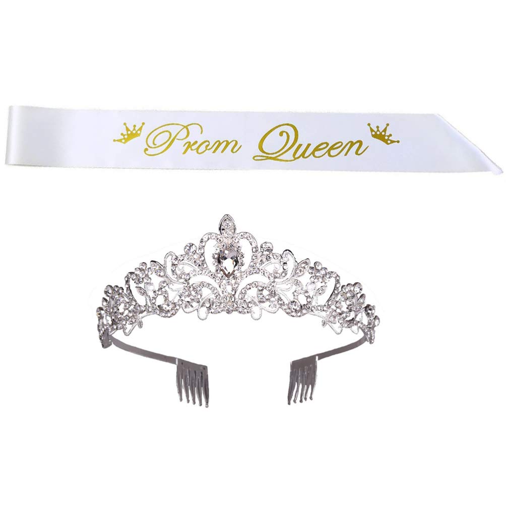Rhinestone Crystal Tiara Crown Prom Queen Satin Sash For 2021 Graduation Prom Party Supplies