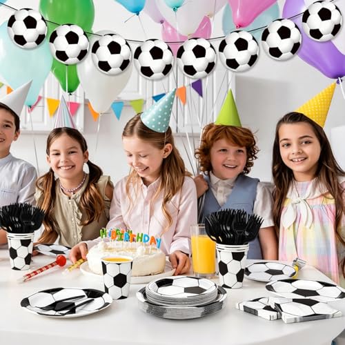 30PCS Platos de Fútbol para Fiesta de Cumpleaños, Decoraciones para Fiestas de Fútbol, con Placa, Mantel Taza,Tenedor, Servilleta, Pancarta, para Cumpleaños y Cualquier Celebración