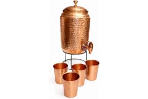 5 Litre Copper Water Dispenser with Stand and 4 Glasses | BPA Free, Non-Toxic | Hammered Texture, Rustproof & Durable | Leak 