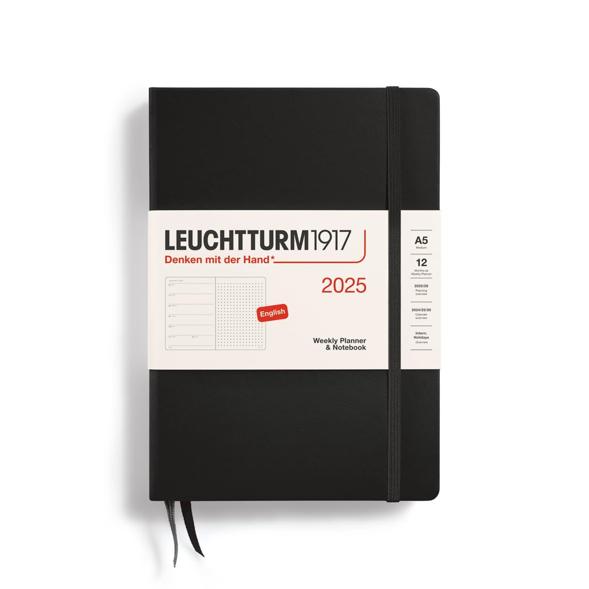 LEUCHTTURM1917 370660 Weekly Calendar & Notebook 2025, Medium A5 Hardcover - 12-Month Planner, Dotted - Black, English