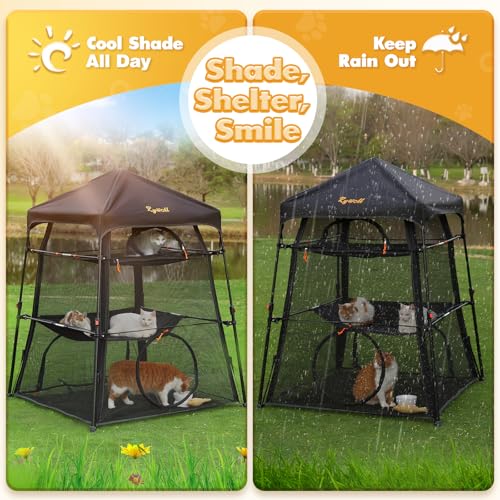 Rywell Extra Large Triple Catio Outdoor Cat Enclosure,57 * 43 * 43in Pop Up Catio Enclosure with Sunshade,Foldable Cat Tent for Puppy Rabbit Ferret(Within Carry Bag&Ground Stakes)