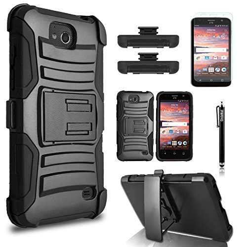 ZTE Maven Case, ZTE Overture 2 Case, Dual Layers [Combo Holster] Case And Built-In Kickstand Bundled with [Tempered Glass Screen Protector] Hybird Shockproof And Circlemalls Stylus Pen[Black]