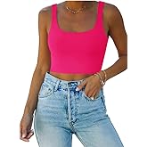 REORIA Women’s Sexy Square Neck Double Lined Seamless Sleeveless Cropped Tank Yoga Crop Basic Tops