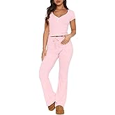 TiulZial Womens 2 Piece Pajamas Set V Neck Short Sleeve Cropped Top And Flare Long Pants PJs Outfits Ribbed Lounge Sets