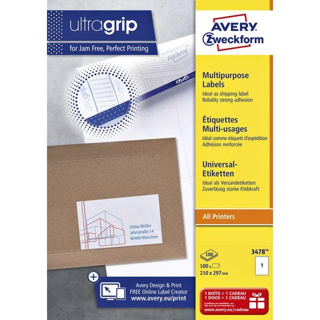 Avery 3478-100 White Multi-Use Labels for Laser Inkjet Printer and Photocopier 210x297 mm Box of 100 Labels