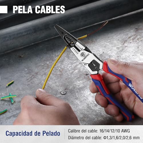 WORKPRO 7 in 1 Long Nose Pliers with Wire Stripper, Cutting Pliers and Wrench, Needle Nose Pliers for Wire 16-10 AWG (1.3-2.6mm), Multi-Tool Cr-V Electrician