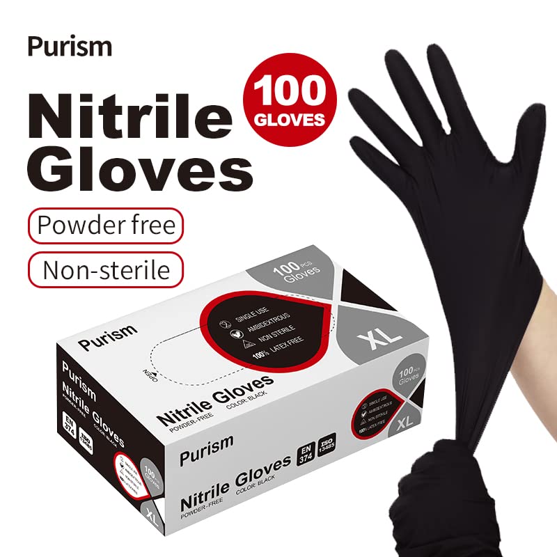 Purism Black Nitrile Gloves, 4mil, Size X-Large, 100 Pcs, Powder-free Latex free