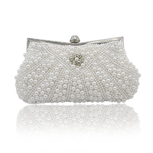 Kingluck Satin with Pearl and Diamond Wedding/Special Occasion Evening Handbags/Clutch (white)
