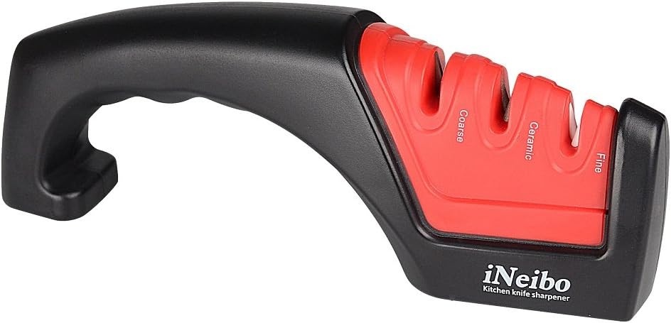 iNeibo Knife Sharpener Professional Manual Sharpening Kitchen Knives Sharpener, 3 Stage Diamond Knife Sharpening Tool for Restore Polish Blades
