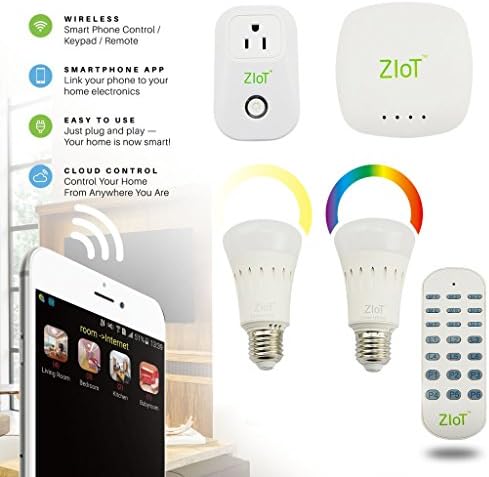 ZiOT Home Automation Starter Kit, Includes 1 Hub, 2 LED Bulb (Dimmer &amp; Colored), 1 Plug and 1 Keypad, Plug and Play, for unlimited users, control from anywhere.