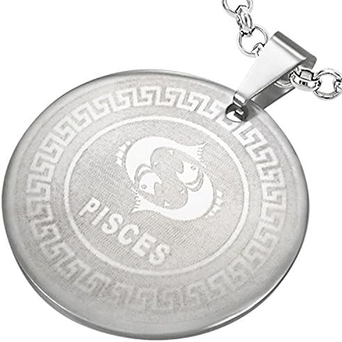 Etched Stainless Steel Pisces Twin Fish Zodiac Sign Circular Pendant