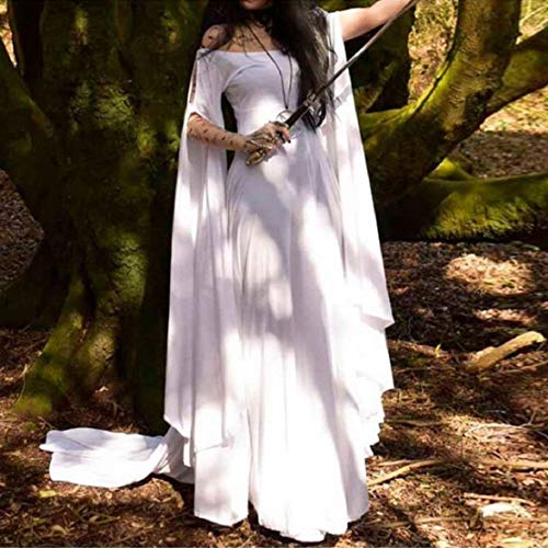 Women Hollow Trumpet Sleeve Flare Dress Off Shoulder Vintage Party Club Elegant Performance Medieval Costume by Lowprofile White