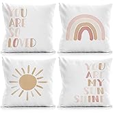 Qvapt Pink Nursery You are My Sunshine So Loved Throw Pillow Cover 18x18 Inch Set of 4,Pink Watercolor Rainbow Decorative Pillowcase,Positive Nursery Cushion Pillow Cover for Girls Room Decor