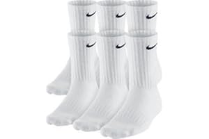 NIKE Dri-Fit Classic Cushioned Crew Socks 6 PAIR White with Black Swoosh Logo) LARGE 8-12
