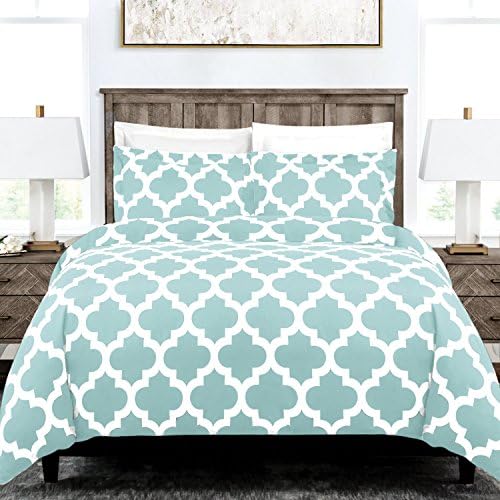 Egyptian Luxury Quatrefoil Duvet Cover Set - 3-Piece Ultra Soft Double Brushed Microfiber Printed Cover with Shams - King /Cal King - Aqua/White
