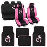 15pc Love Story Combo Seat Cover Set with Front Seat Covers, Head Rest Covers, Steering Wheel Cover, Shoulder Pads, Bench Cover and Carpeted Floor Mats